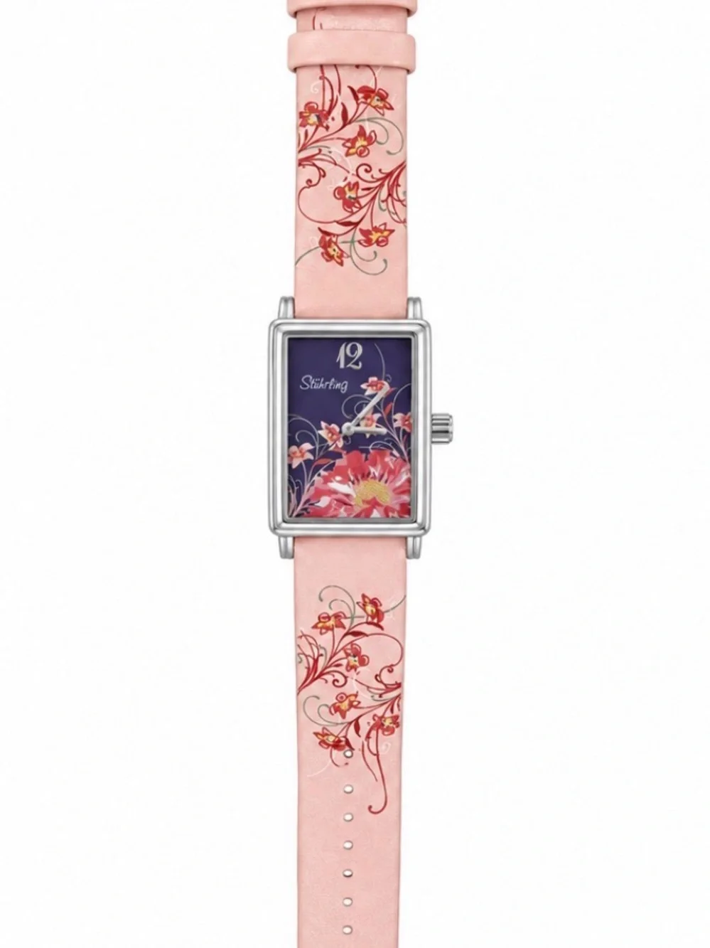 Stuhrling Original Pink Floral Leather Strap Watch with Navy Floral Dial